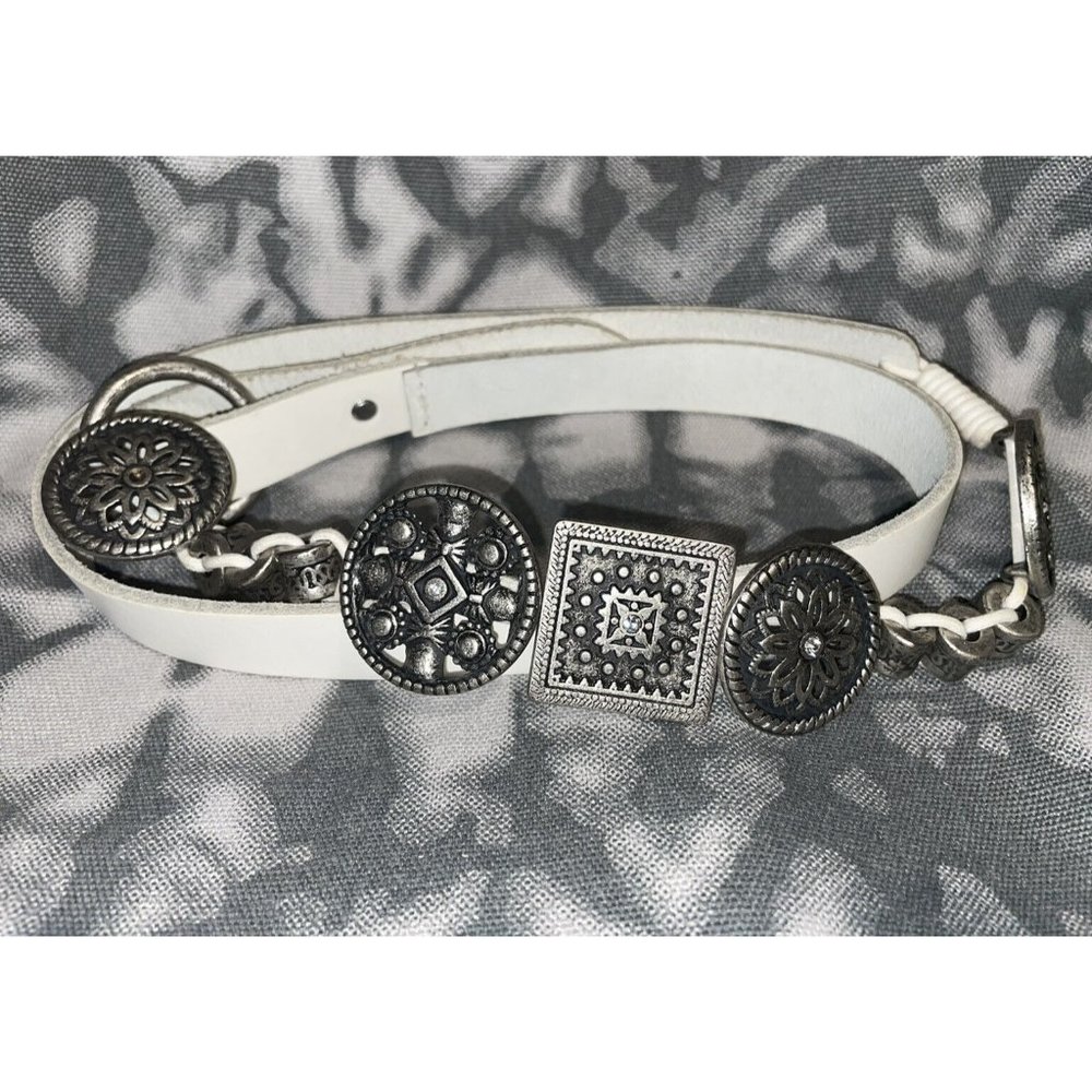 Lorena Antoniazzi Firenze Vintage White Womans Leather Metal Medallion Belt L